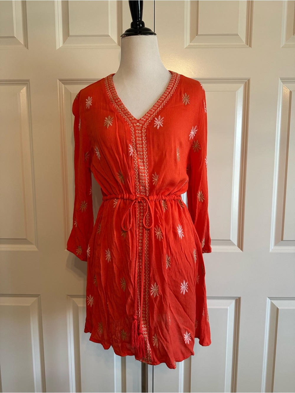 Women’s V-Neck Orange Embroidered Tie-Waist Dress